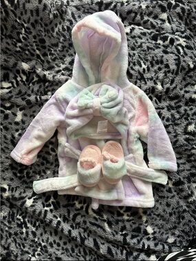 Pastel Tie-Dye Hooded Baby Bathrobe with Bow & Matching Slippers